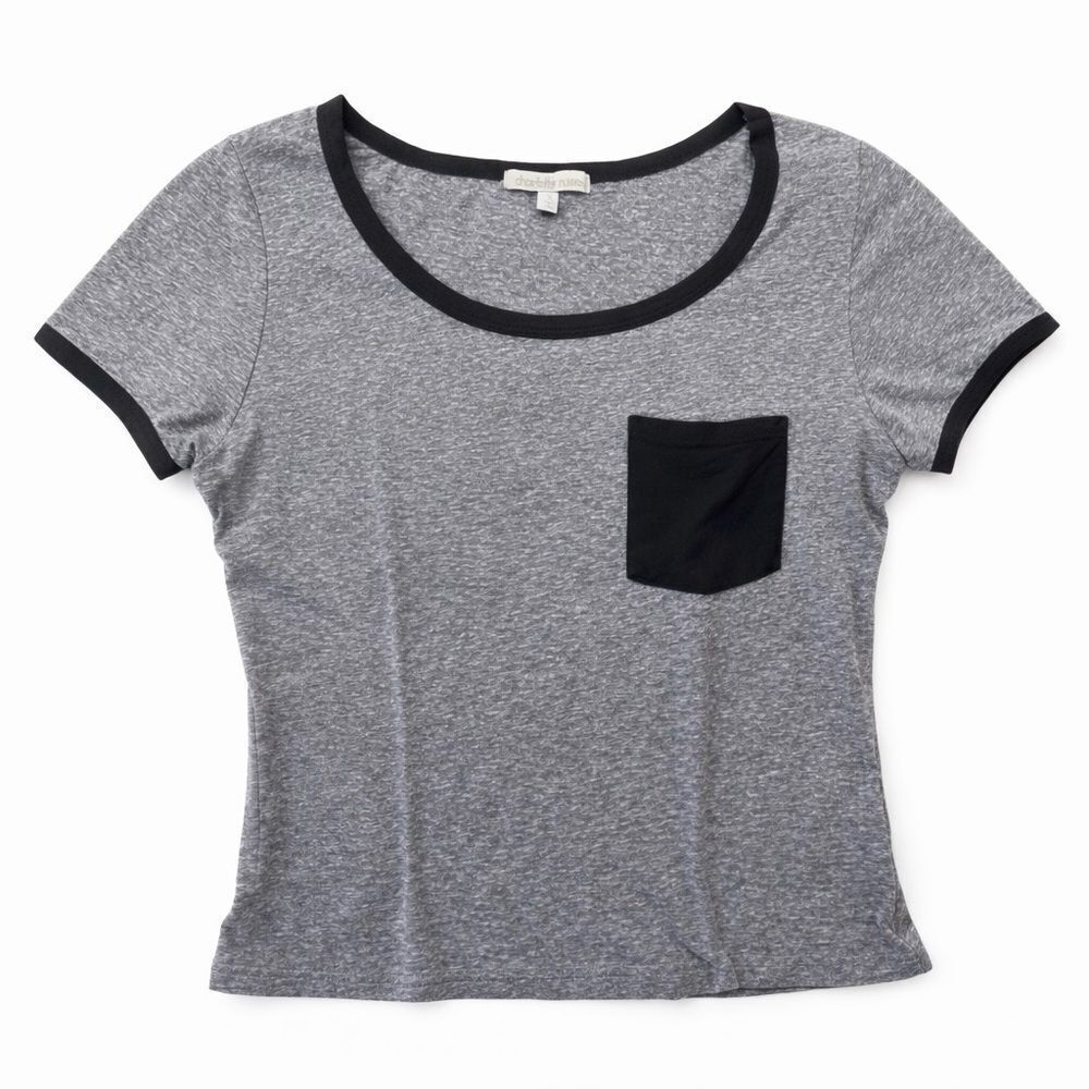 Gray Ringer T-Shirt Contrast Trim Pocket Tee Short Sleeve Casual Top S